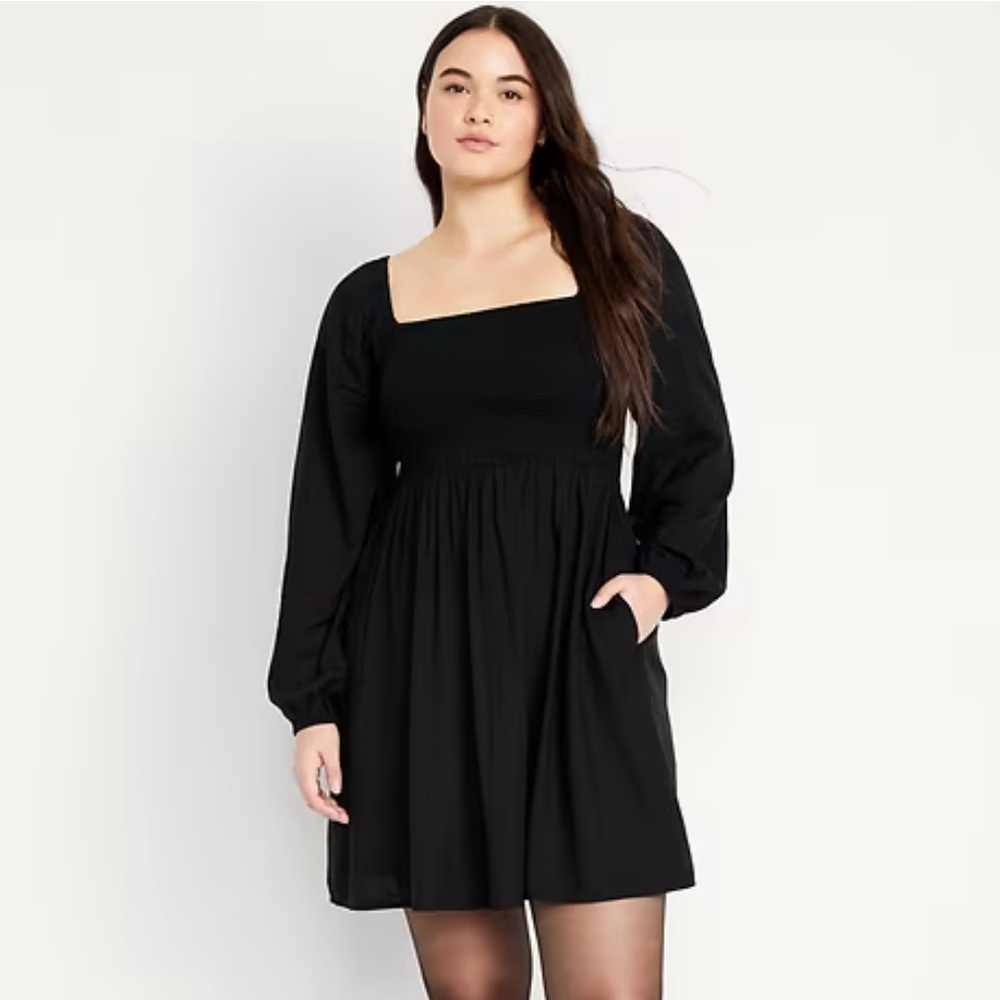 Old Navy Fit & Flare Long-Sleeve Smocked Black Mini Dress